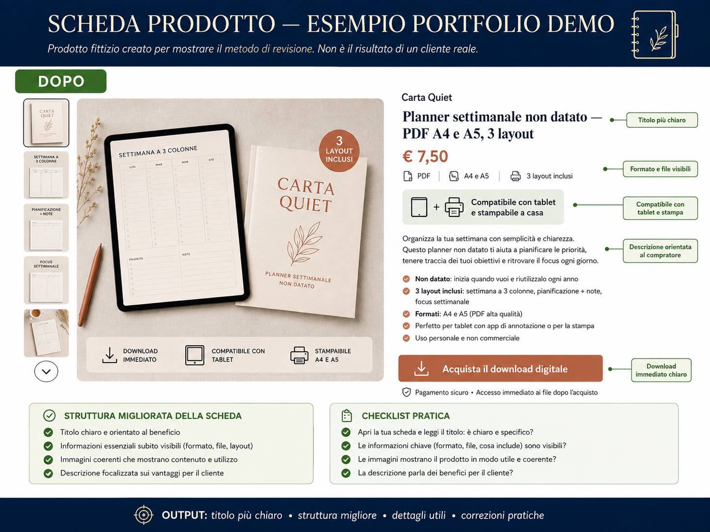 Listing Carta Quiet dopo la revisione, con titolo specifico, formato, layout inclusi e download evidenziato