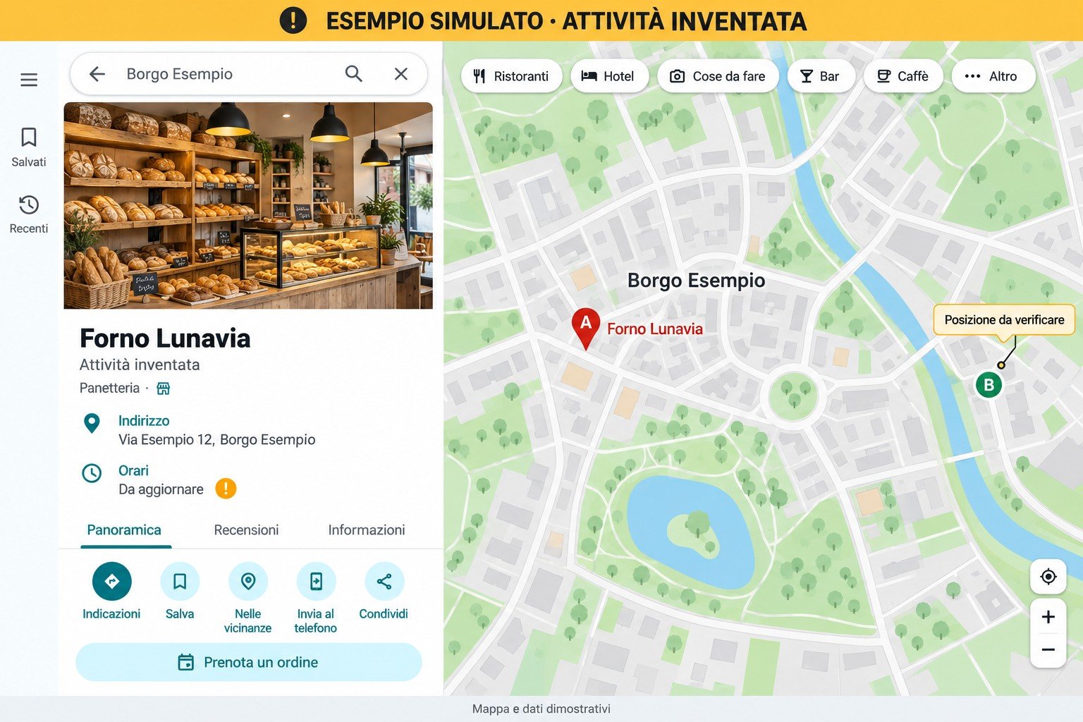 Esempio simulato di Forno Lunavia, panetteria inventata: indirizzo, orari e posizione sulla mappa da verificare.