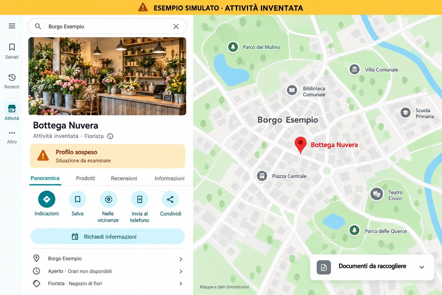 Esempio simulato di Bottega Nuvera, fiorista inventato: profilo sospeso e situazione da esaminare, senza ripristino garantito.