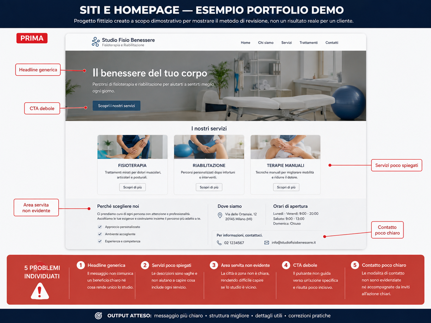 Versione prima della homepage simulata Studio Fisio Benessere con problemi di chiarezza evidenziati