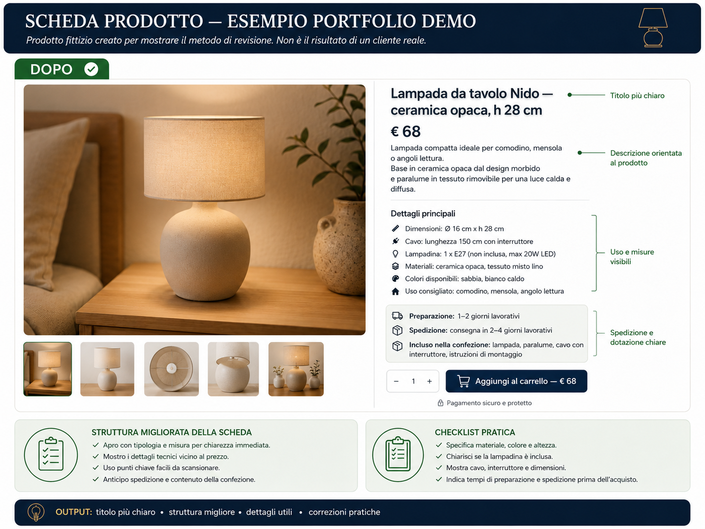 Scheda prodotto Luma dopo la revisione, con titolo completo, dettagli tecnici e informazioni di spedizione
